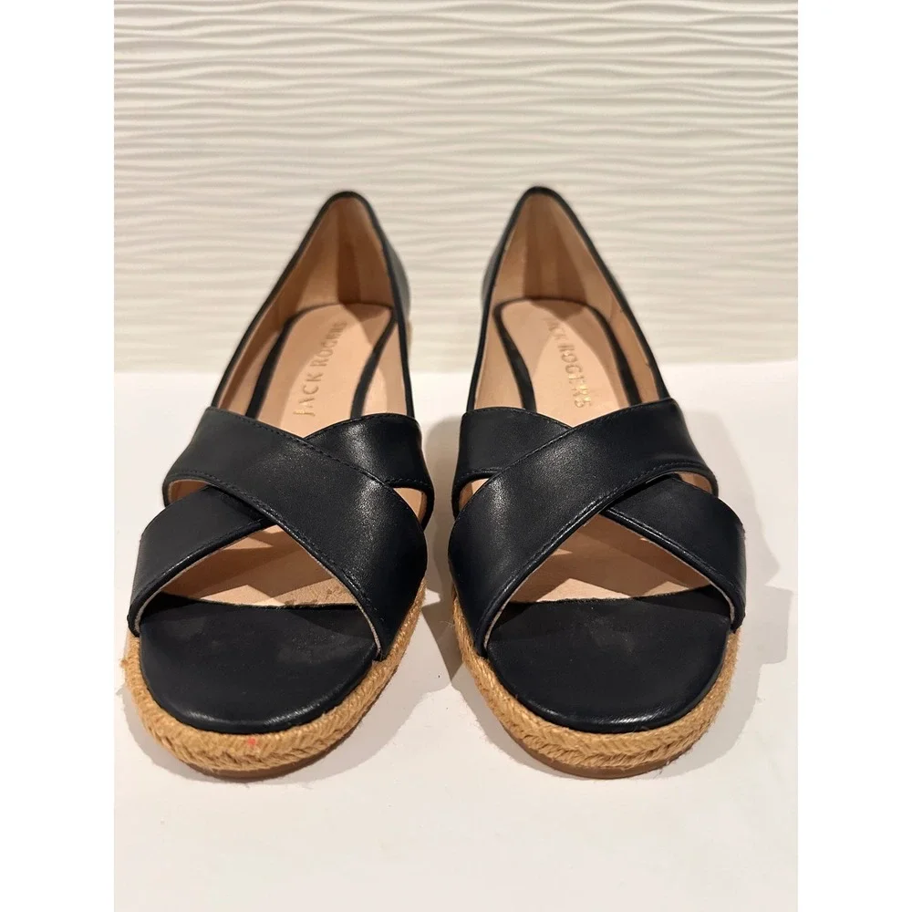 Jack Rogers Espadrille Wedge Sandals Womens 7.5M Navy Blue Leather Crisscross